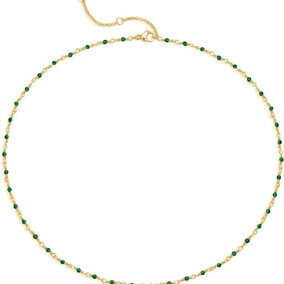 Jewelry - Beaded Necklaces for Women 14K Gold Plated Dainty Colorful Green/Rose Beaded Pea